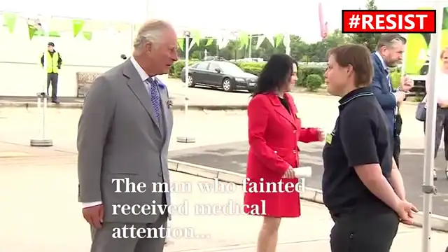 Prince Charles lends encouragement to a group of vaccinated grocers then one drops dead!